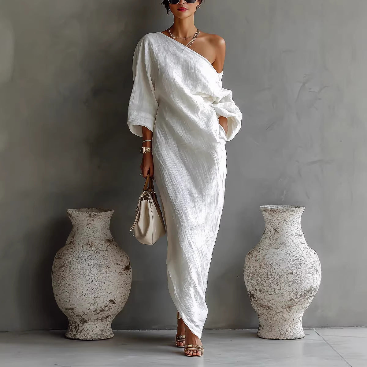 off the shoulder beach dresses Irregular Off-shoulder Long Dress Fashion Elegant Long-sleeved Women's Vacation Clothing White / S MOTB Fall brunch dates Farm to table - Color:White with White Ribbon