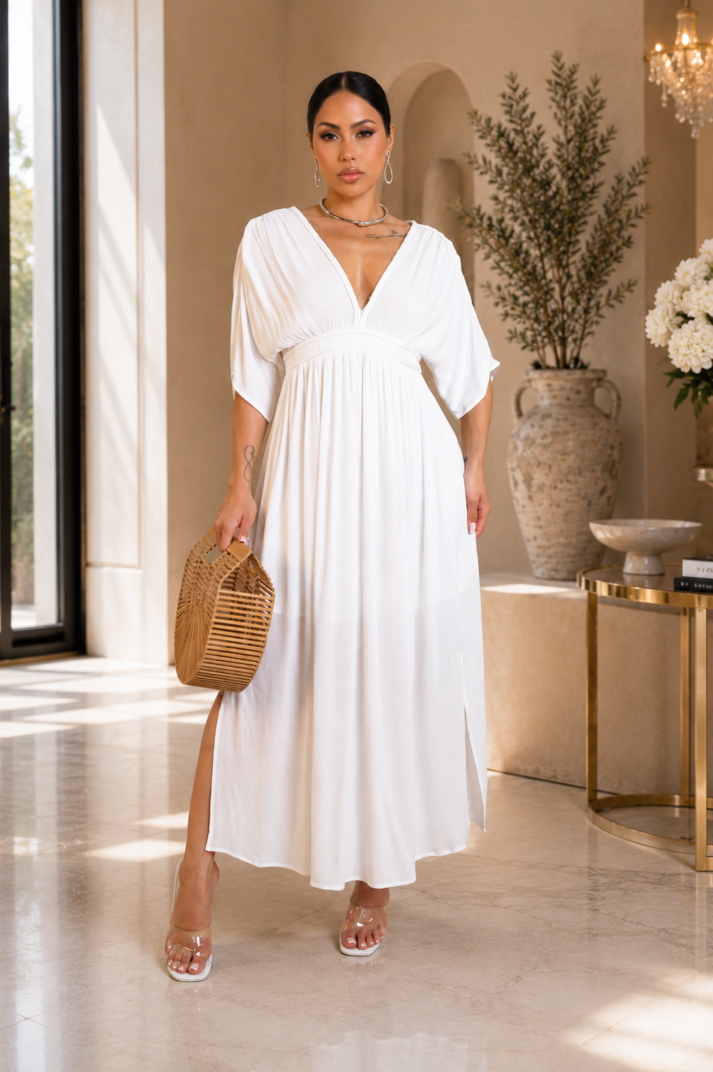 white goddess maxi dress & Taupe Flow V-Neck – Elegant Chic Beige / Small minimalist style Size CN/US:XXL / 16 The linen Cryptographic Irregular Hot Sexy