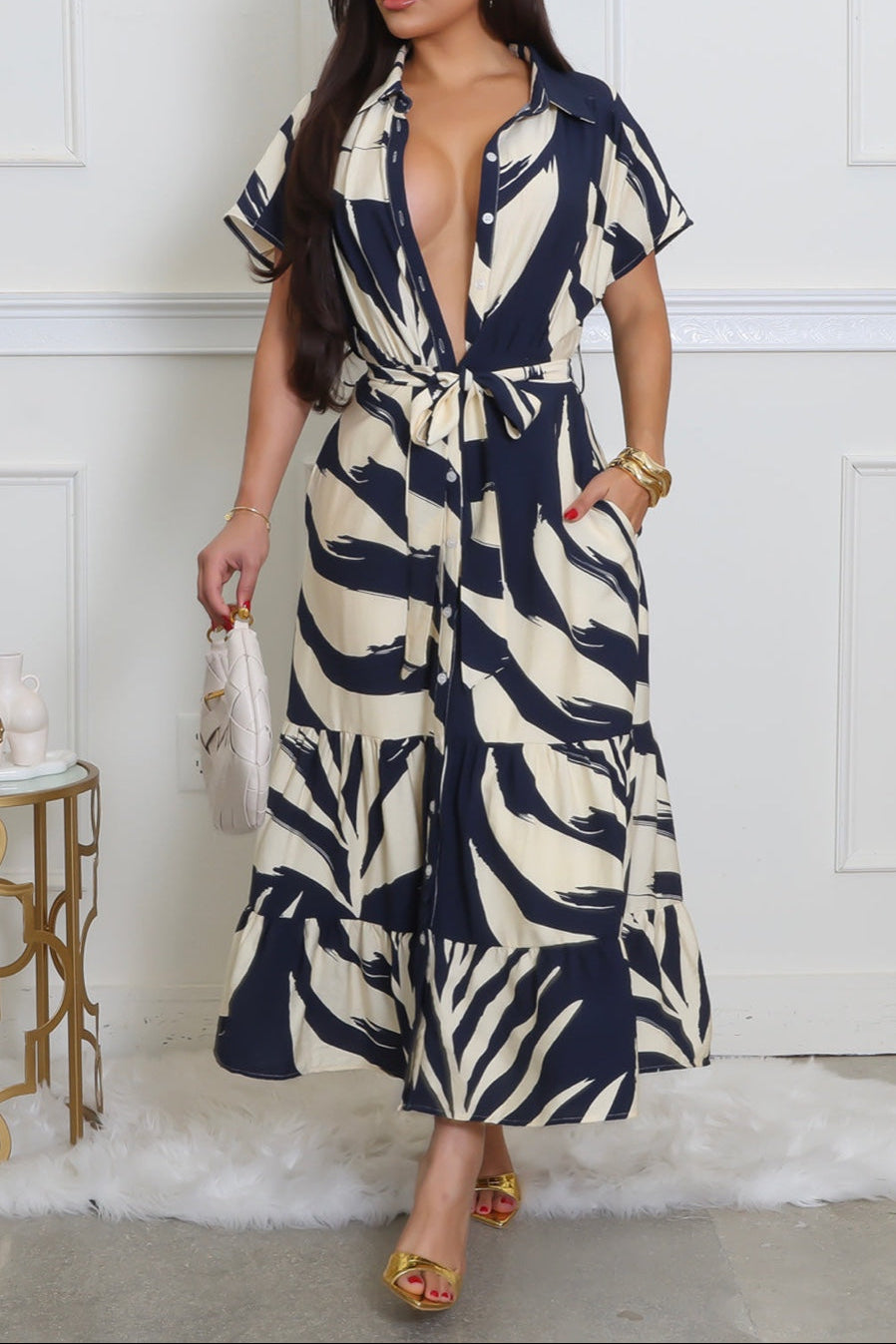 Navy Zebra Print Belted Maxi Dress – D’TWIN’S FASHION Boutique Navy / Medium