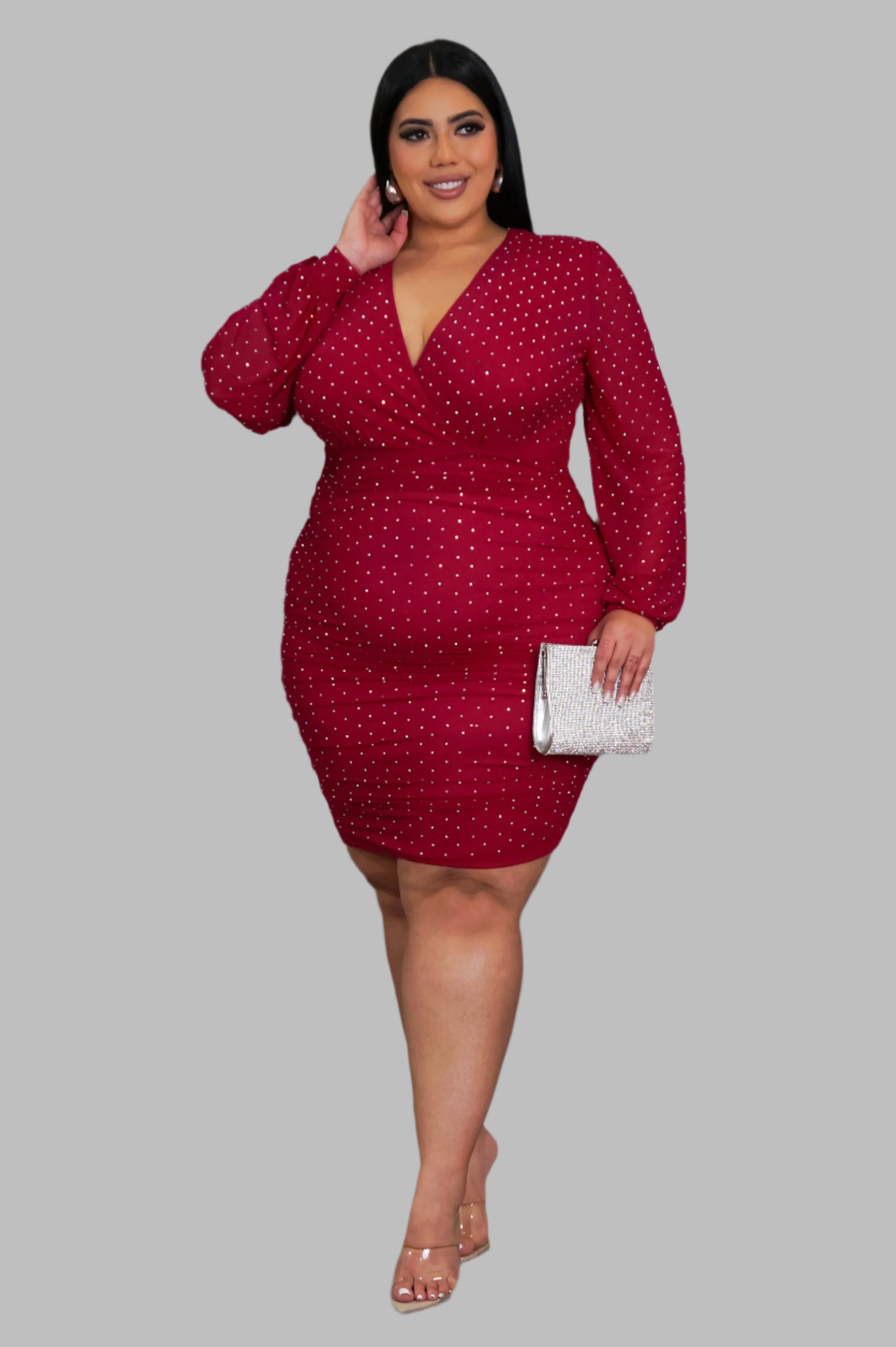 Plus Size Ruby Red Sparkle Bodycon Dress - D'TWINS FASHION