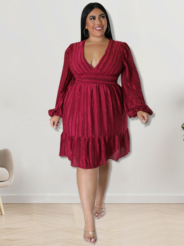 Plus size jacquard V-neck striped long-sleeved dress - D'TWINS FASHION