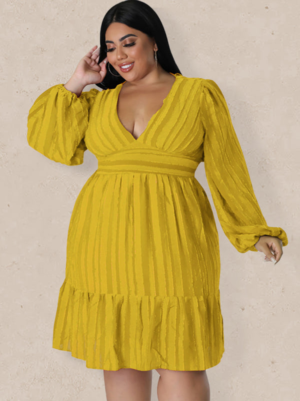Plus size jacquard V-neck striped long-sleeved dress - D'TWINS FASHION