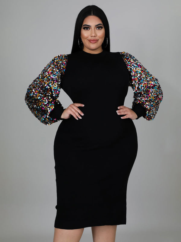 New Plus Size Ladies Sexy Solid Color Sequin Puff Sleeve Dress - D'TWINS FASHION