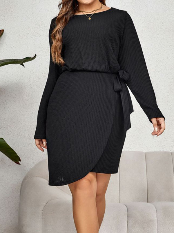 New plus size women's round neck long-sleeved waist-tie slim dress - D'TWINS FASHION