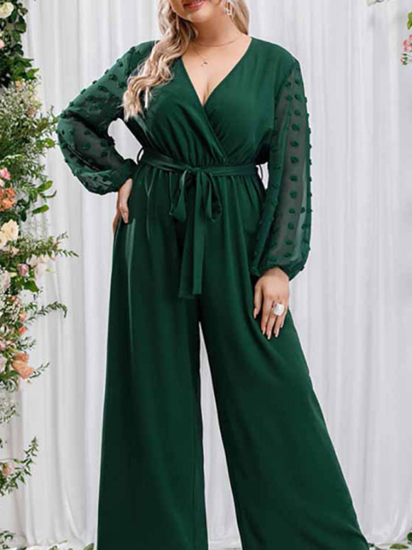New Plus Size Women's Sexy Bowknot Lady Lace Straight Loose High Waist Solid Color Jumpsuit - D'TWINS FASHION