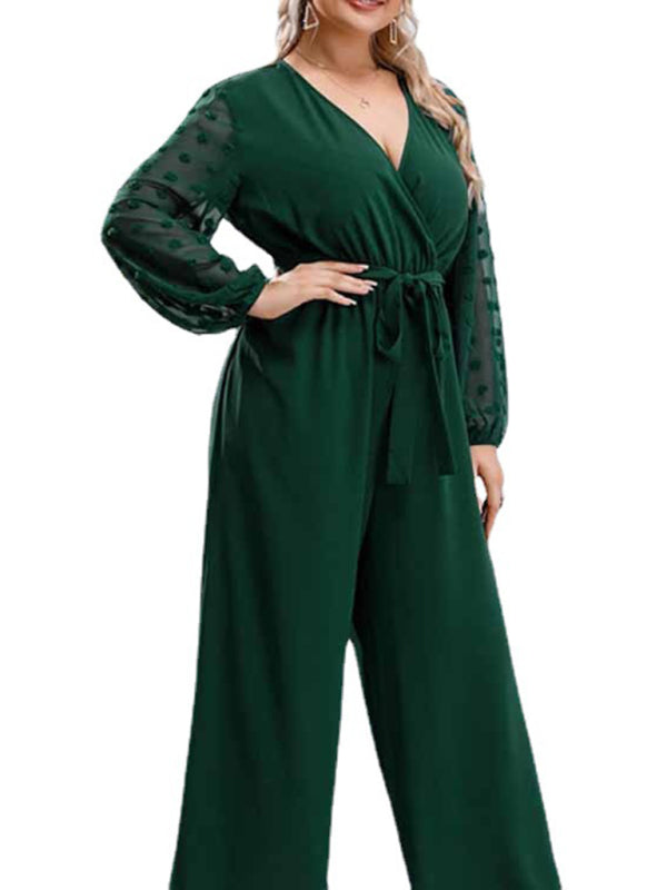 New Plus Size Women's Sexy Bowknot Lady Lace Straight Loose High Waist Solid Color Jumpsuit - D'TWINS FASHION