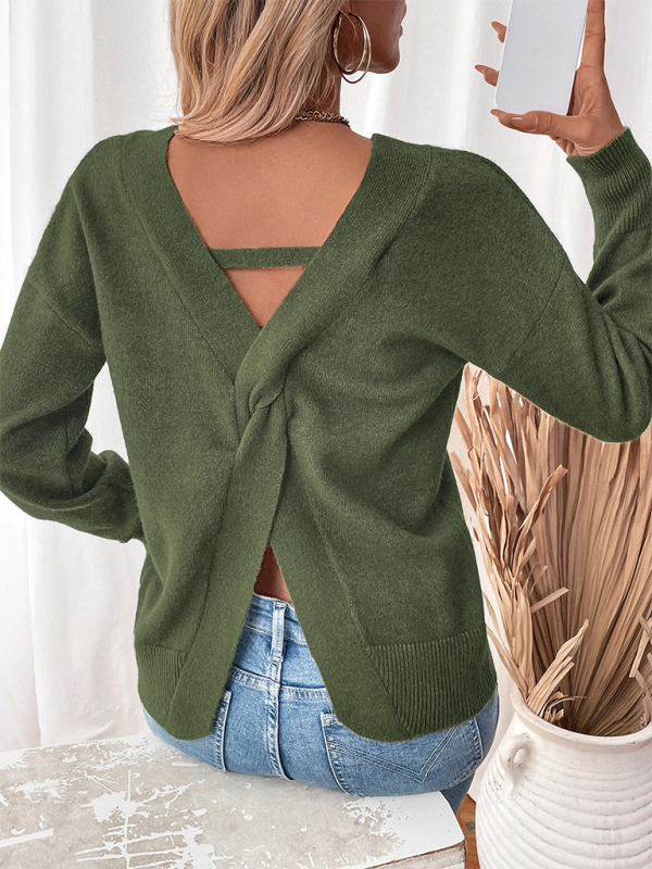 New Women's Loose Knitted V-Neck Open Back Slit Sweater - D'TWINS FASHION
