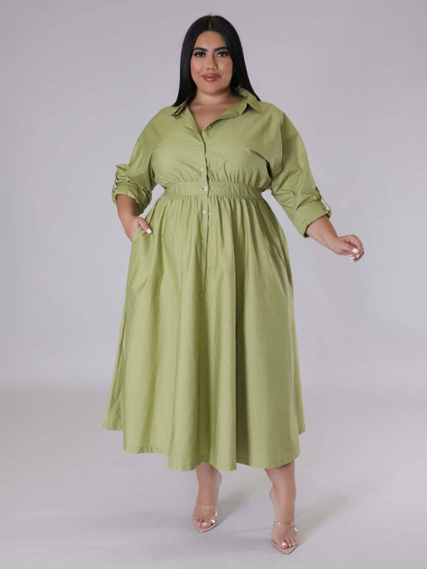 Plus Size Women's Solid Color Long Sleeve Shirt Dresses - D'TWINS FASHION