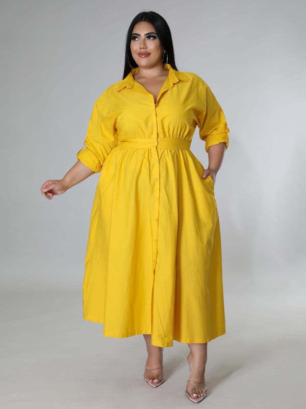 Plus Size Women's Solid Color Long Sleeve Shirt Dresses - D'TWINS FASHION