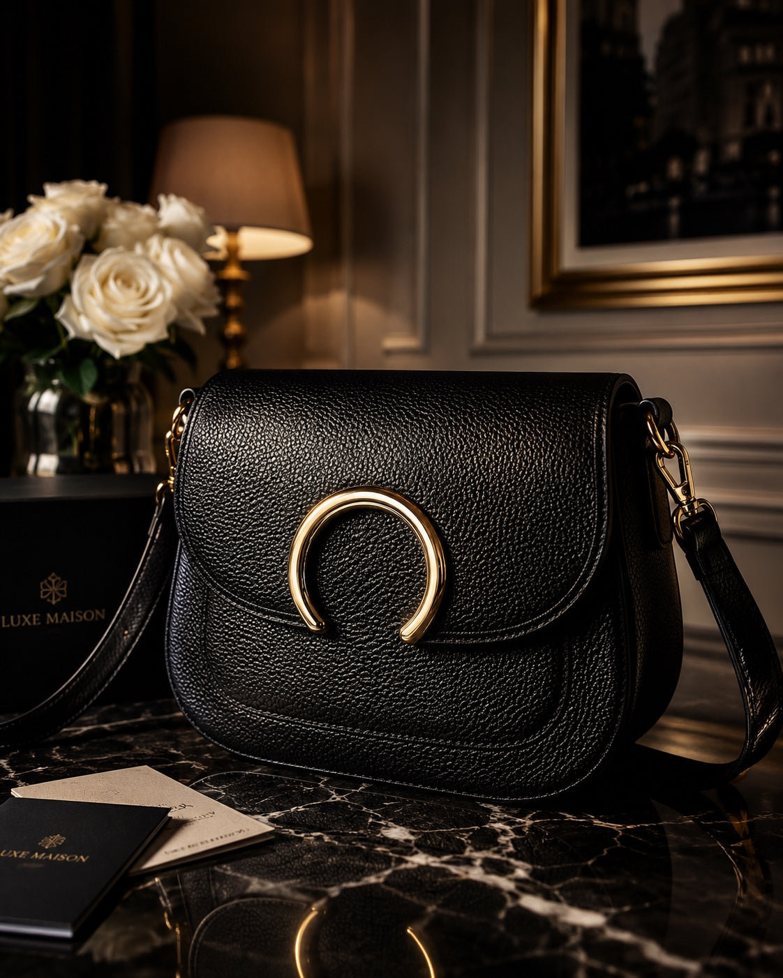 “Black leather Luxe Maison crossbody bag with gold horseshoe buckle on marble table beside white roses”