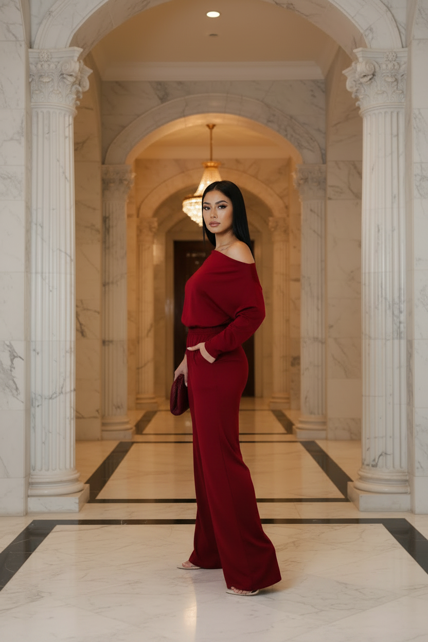 A woman stands in a grand marble hallway wearing a deep burgundy off-the-shoulder long-sleeve maxi dress, holding a matching clutch.