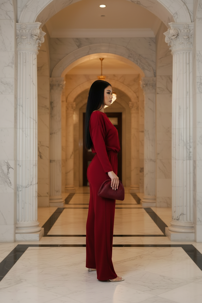 A woman in a long-sleeve, wide-leg burgundy jumpsuit stands in profile in a grand marble hallway with arches and columns, holding a matching burgundy clutch.