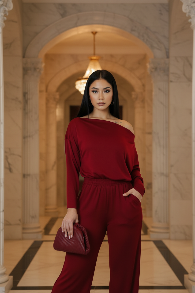 A woman stands in a grand marble hallway wearing a deep burgundy off-the-shoulder jumpsuit and holding a matching burgundy clutch.