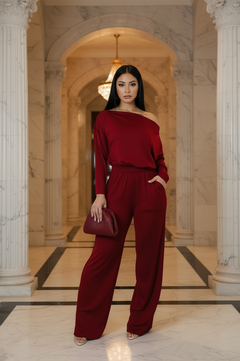A woman stands in a grand marble hallway wearing a deep burgundy off-the-shoulder jumpsuit with wide legs and holding a matching burgundy clutch.