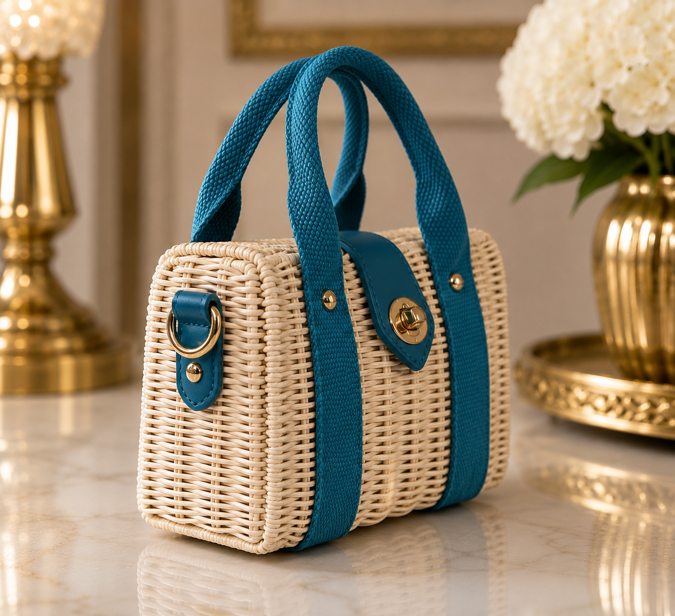 A small woven straw handbag with teal blue fabric handles and trim, displayed on a polished marble surface with a gold lamp and white flowers in the background.