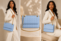 Woman holding a blue quilted handbag with gold chain strap in various poses.