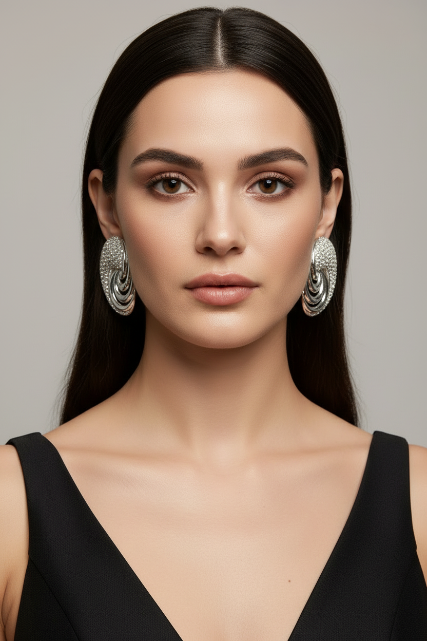 A close-up portrait of a woman with long dark hair wearing large, ornate silver drop earrings and a black sleeveless top against a plain light gray background.