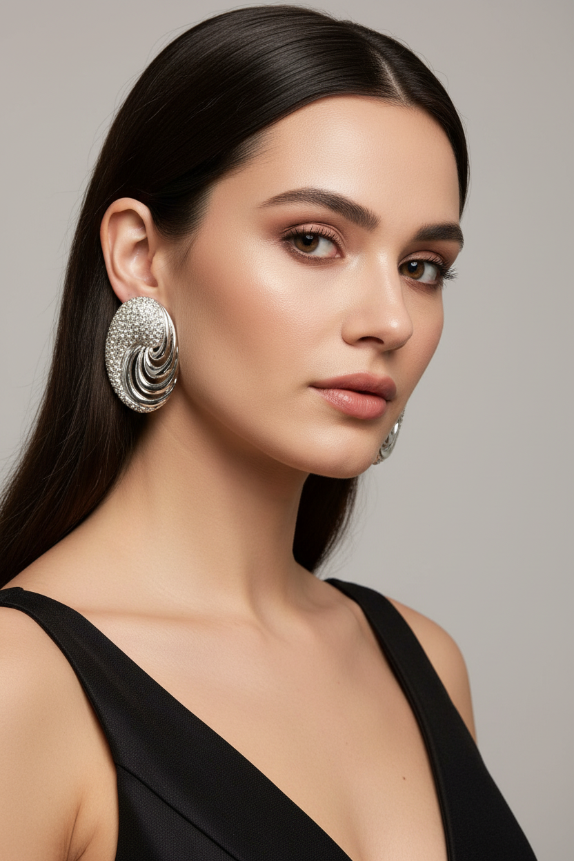 A close-up portrait of a woman with long dark hair wearing large, ornate silver drop earrings and a black sleeveless top against a plain light gray background.