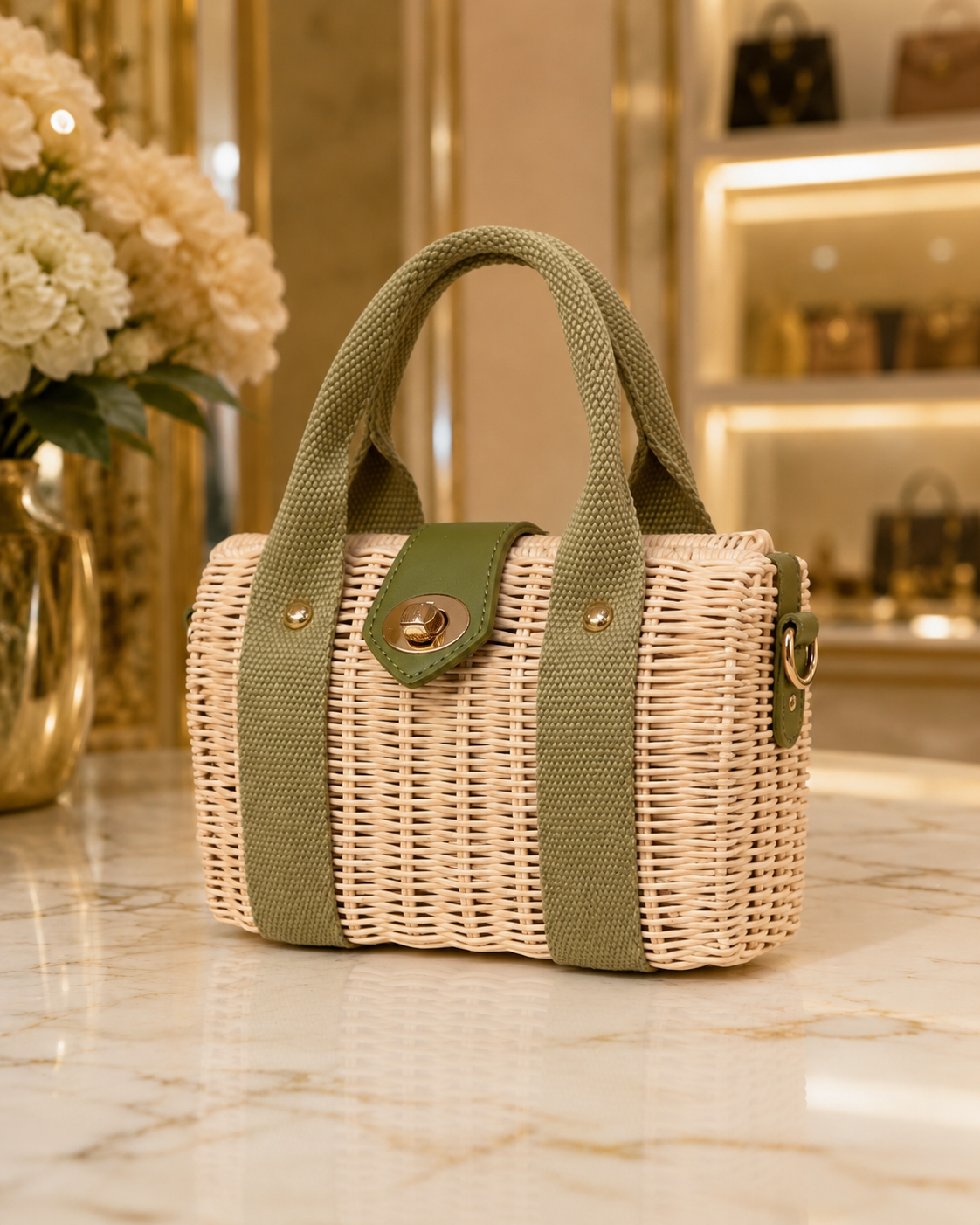 A small woven straw handbag with olive green fabric handles and side panels, featuring a gold-tone snap button closure, displayed on a marble countertop in a boutique setting.