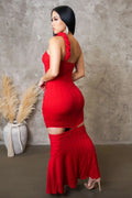 Woman wearing a red dress with a textured wall and potted plant in the background