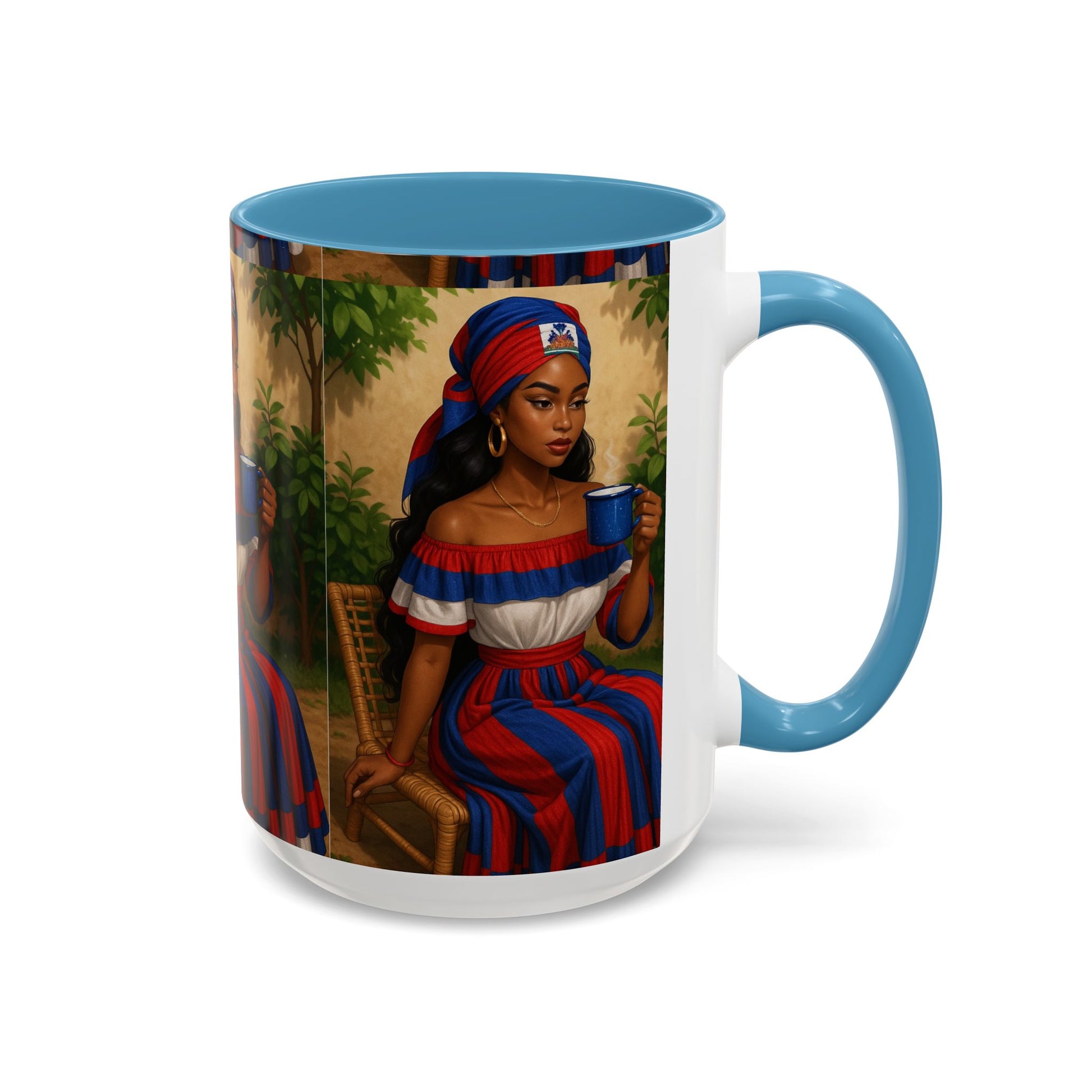 Mug with a design of a woman holding a cup, featuring red, white, and blue colors on a white background.