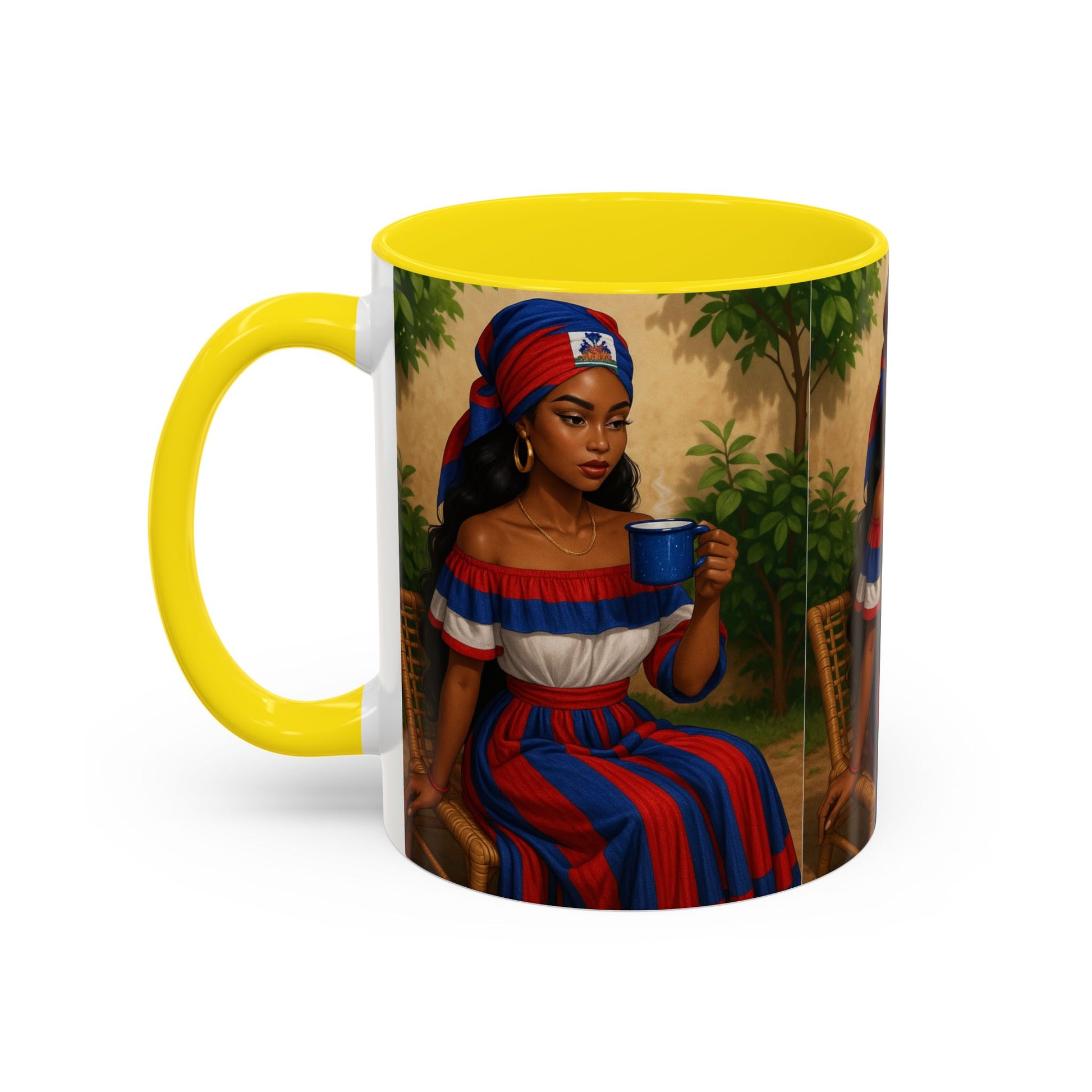 Mug with a colorful design of a woman holding a cup on a white background