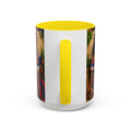 Tumbler with a yellow interior and colorful design on the exterior