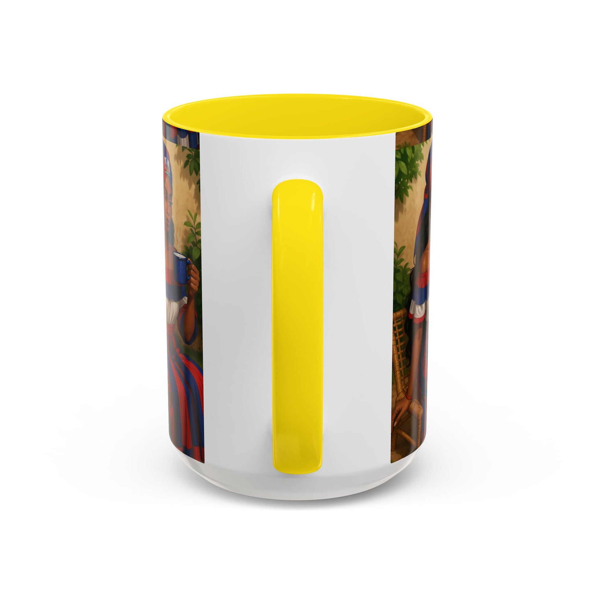 Tumbler with a yellow interior and colorful design on the exterior