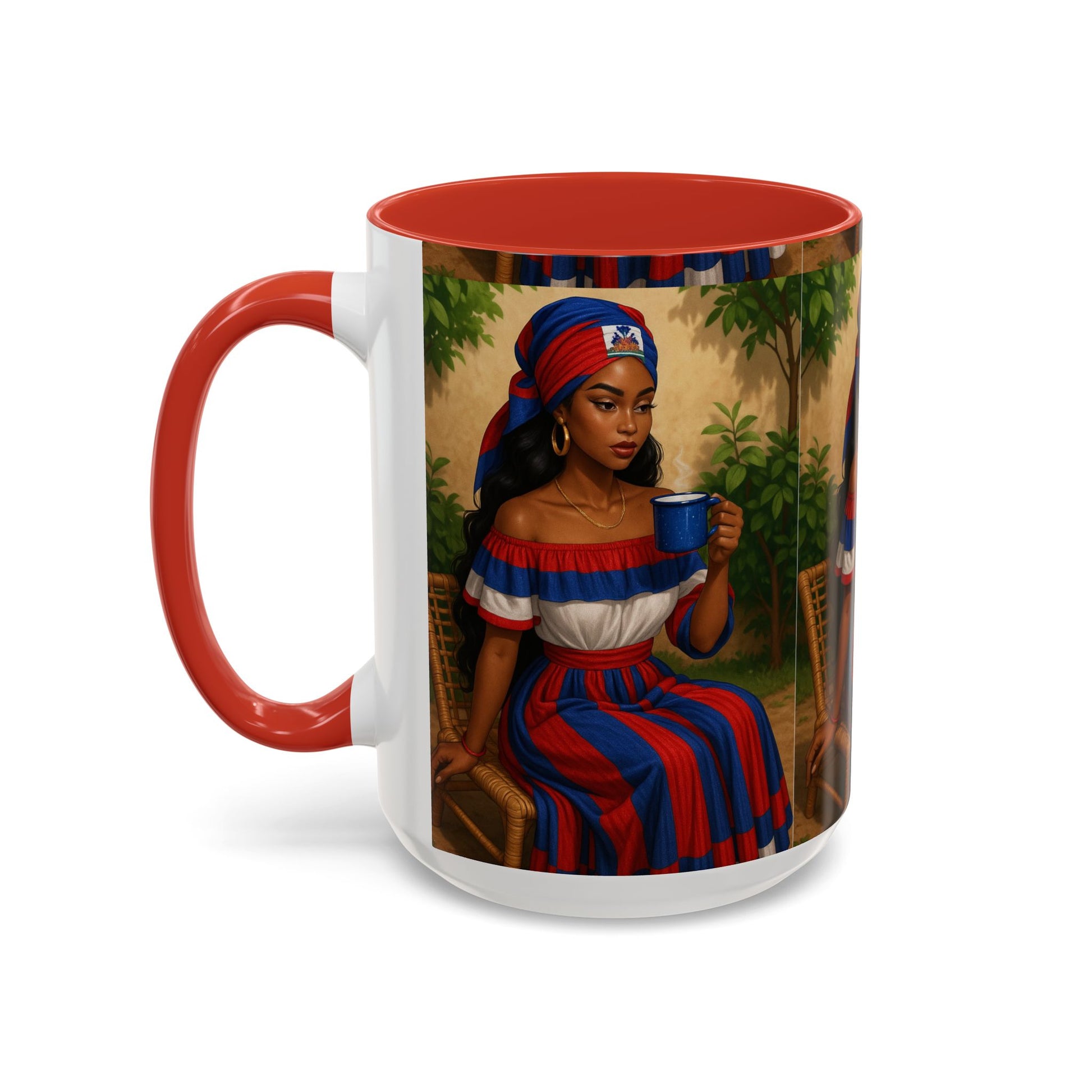 Mug with a design of a woman holding a cup, set against a white background