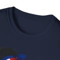Navy blue t-shirt with a graphic design on a white background