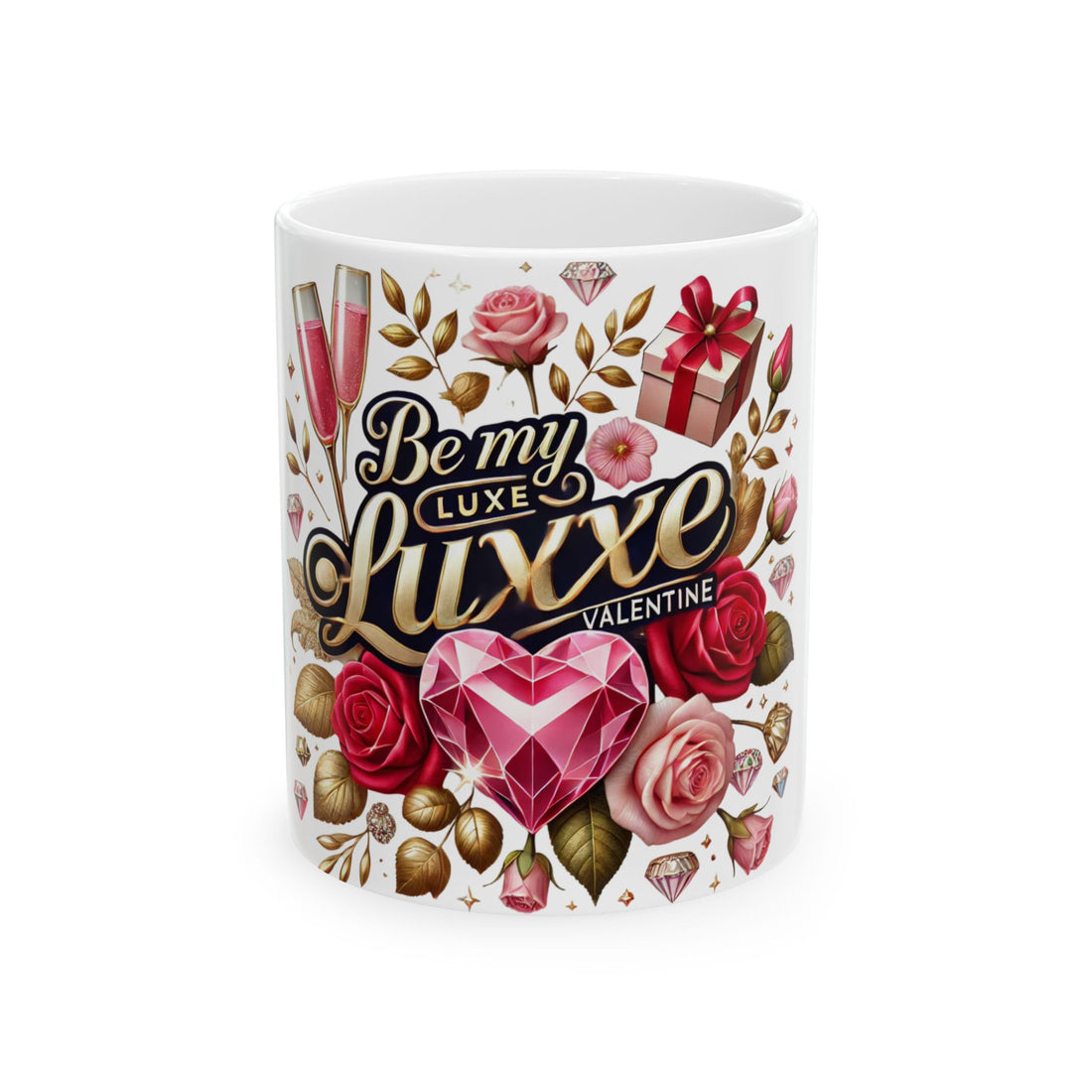 Mug with decorative design featuring roses, hearts, and the text 'Bemy Luxxe Luxxe Valentine' on a white background.
