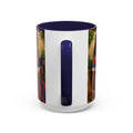 White mug with a colorful handle design on a white background