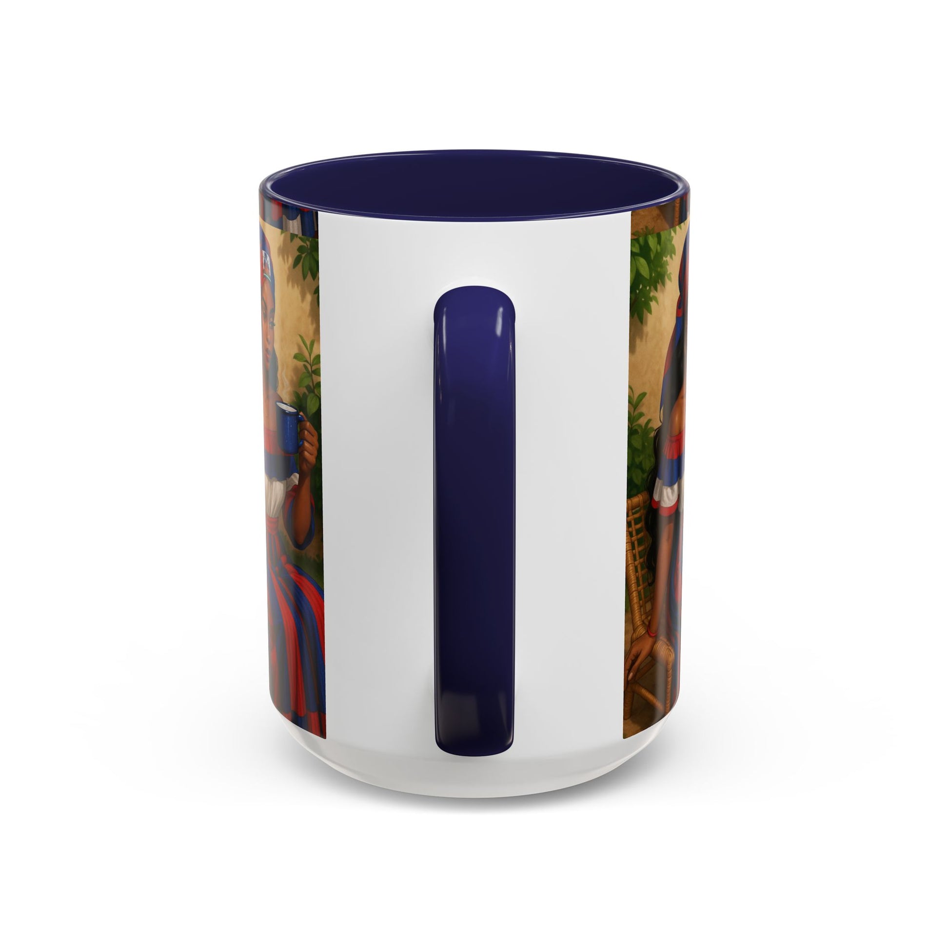 White mug with a colorful handle design on a white background