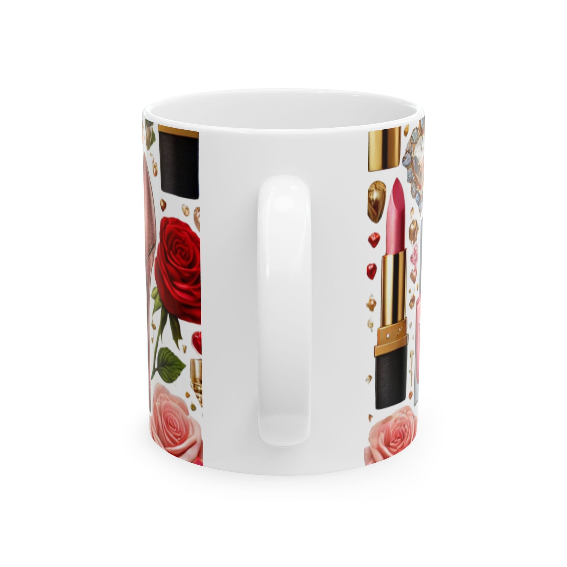 White mug with rose and lipstick design on a white background
