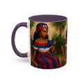 Mug with a design of a woman holding a cup on a white background