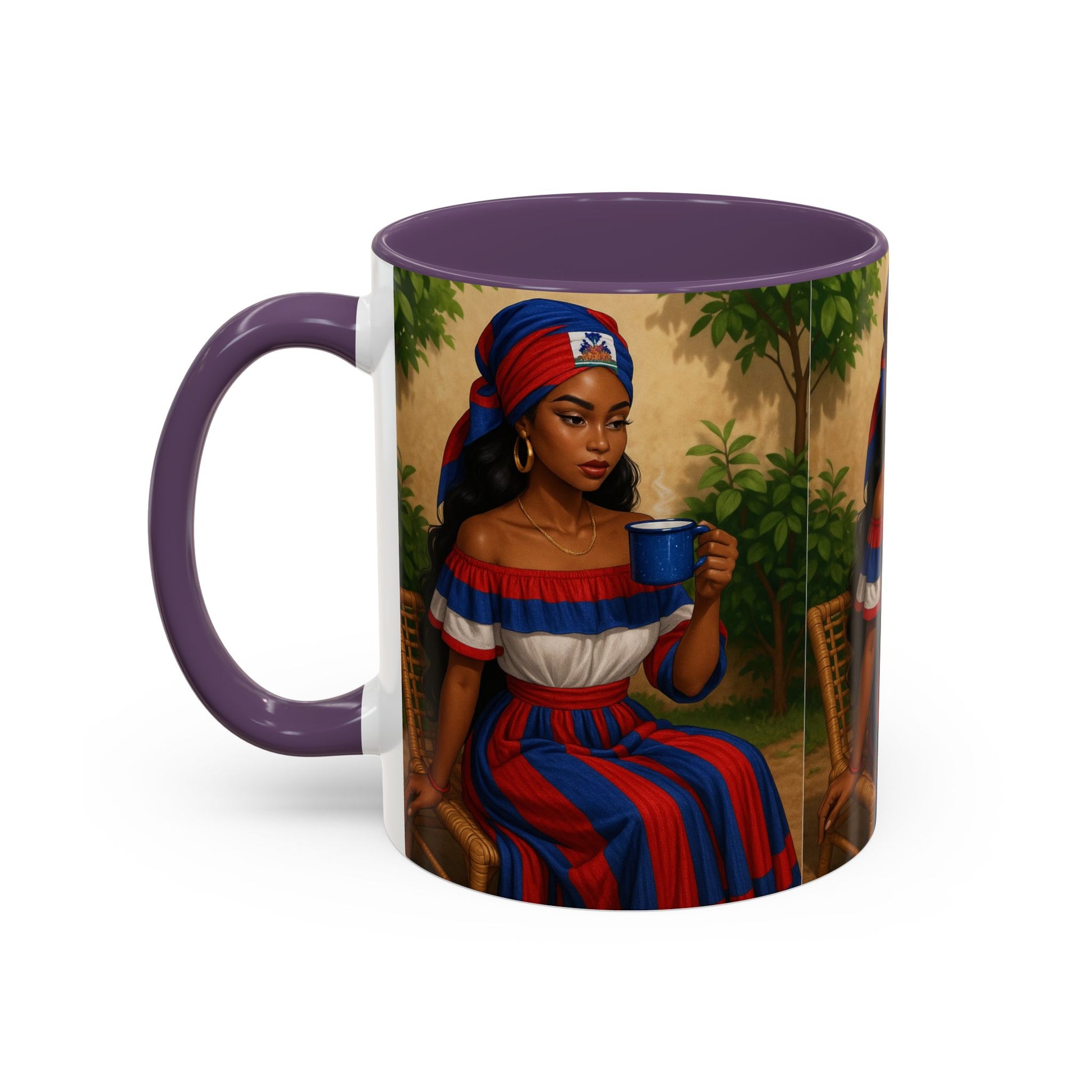 Mug with a design of a woman holding a cup on a white background