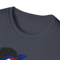 Navy blue t-shirt with a graphic of a person wearing a headscarf with red, white, and blue colors.
