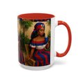 Mug with a design of a woman holding a cup, featuring red, white, and blue colors on a white background.