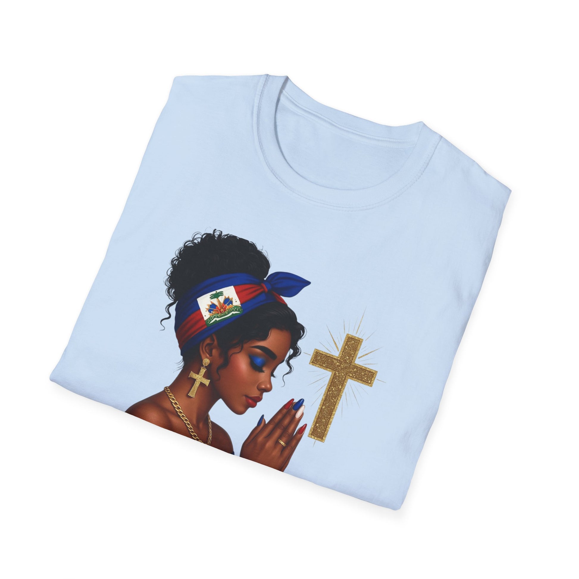 Light blue t-shirt with a graphic of a woman holding a cross on a white background