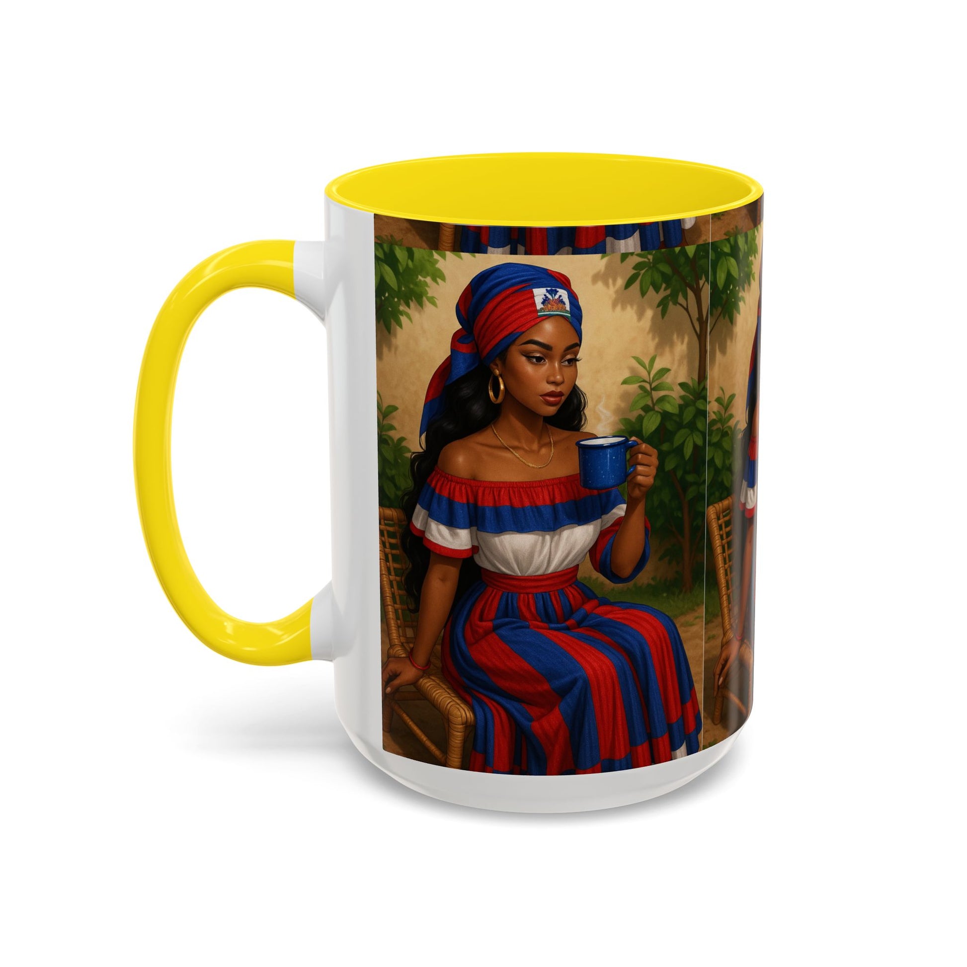 Mug with a colorful design of a woman holding a cup on a white background