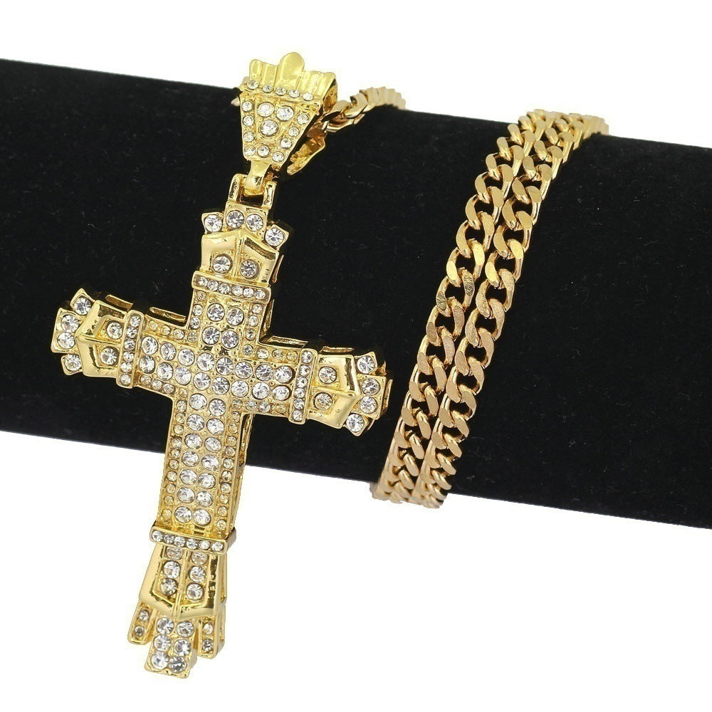1 piece fashion cross metal inlay rhinestones unisex pendant necklace