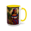 Mug with a colorful design of a woman holding a cup on a white background