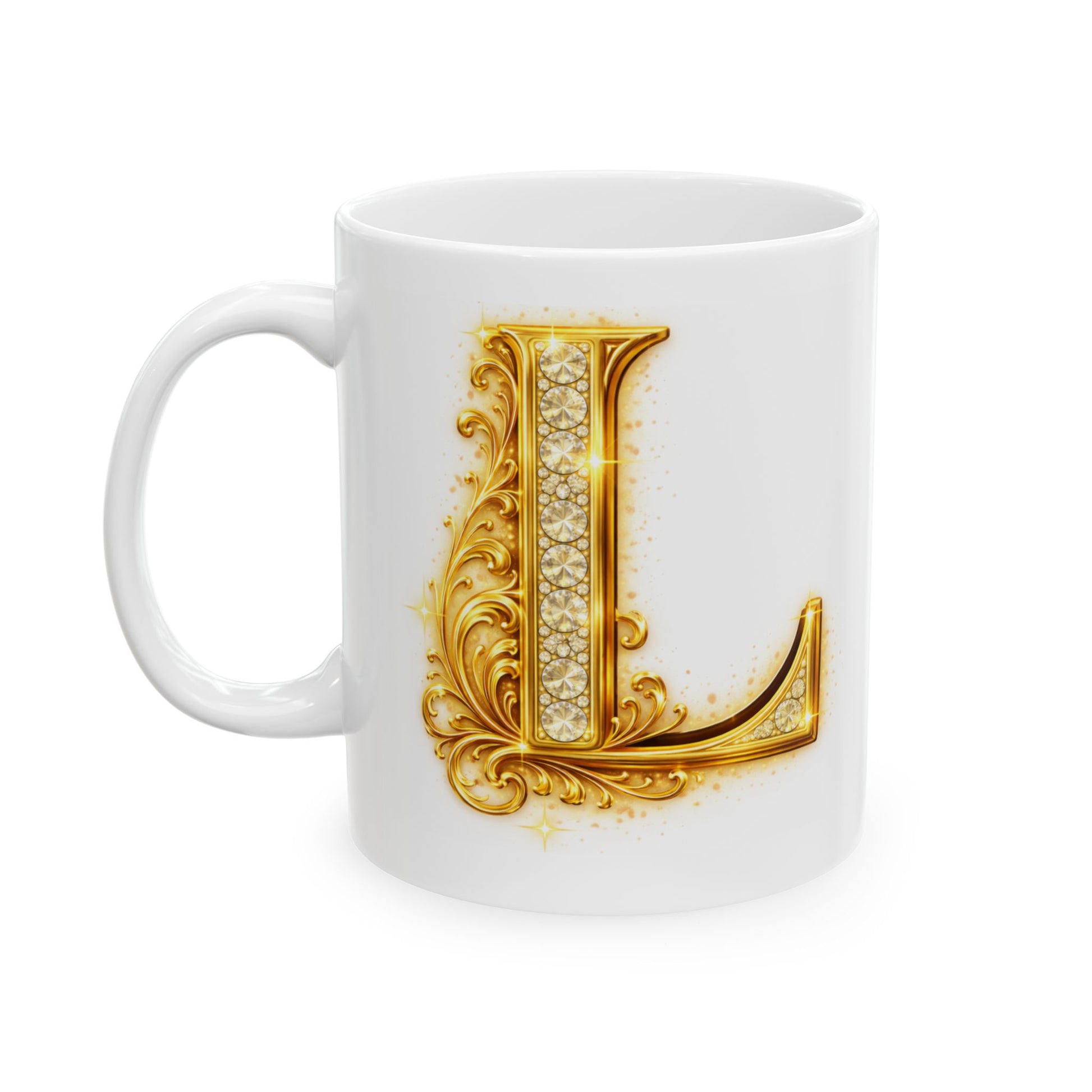 White mug with a decorative gold letter 'L' on a white background