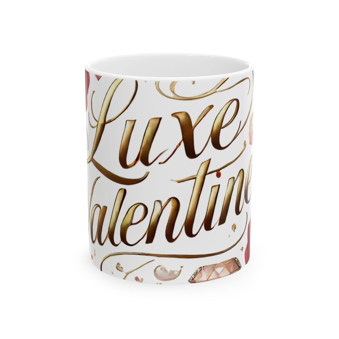 White mug with gold and red text on a white background