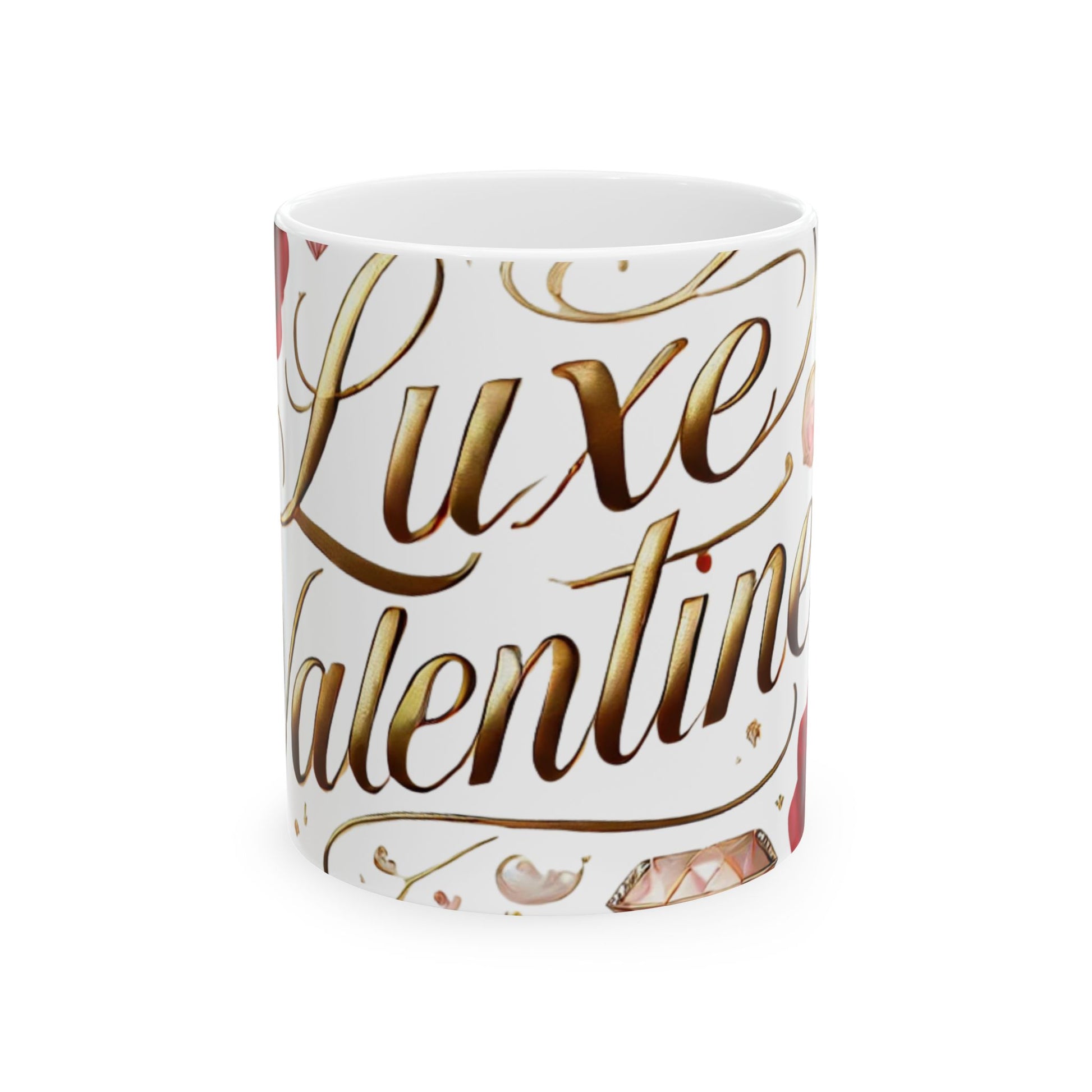 White mug with gold and red text on a white background