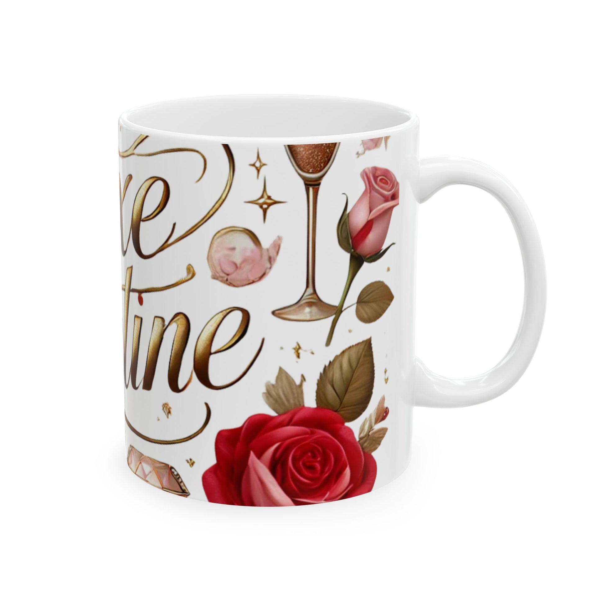 Mug with floral design and 'Love Wine' text on a white background