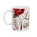 Mug with floral design and 'Happy Valentine's Day' text on a white background