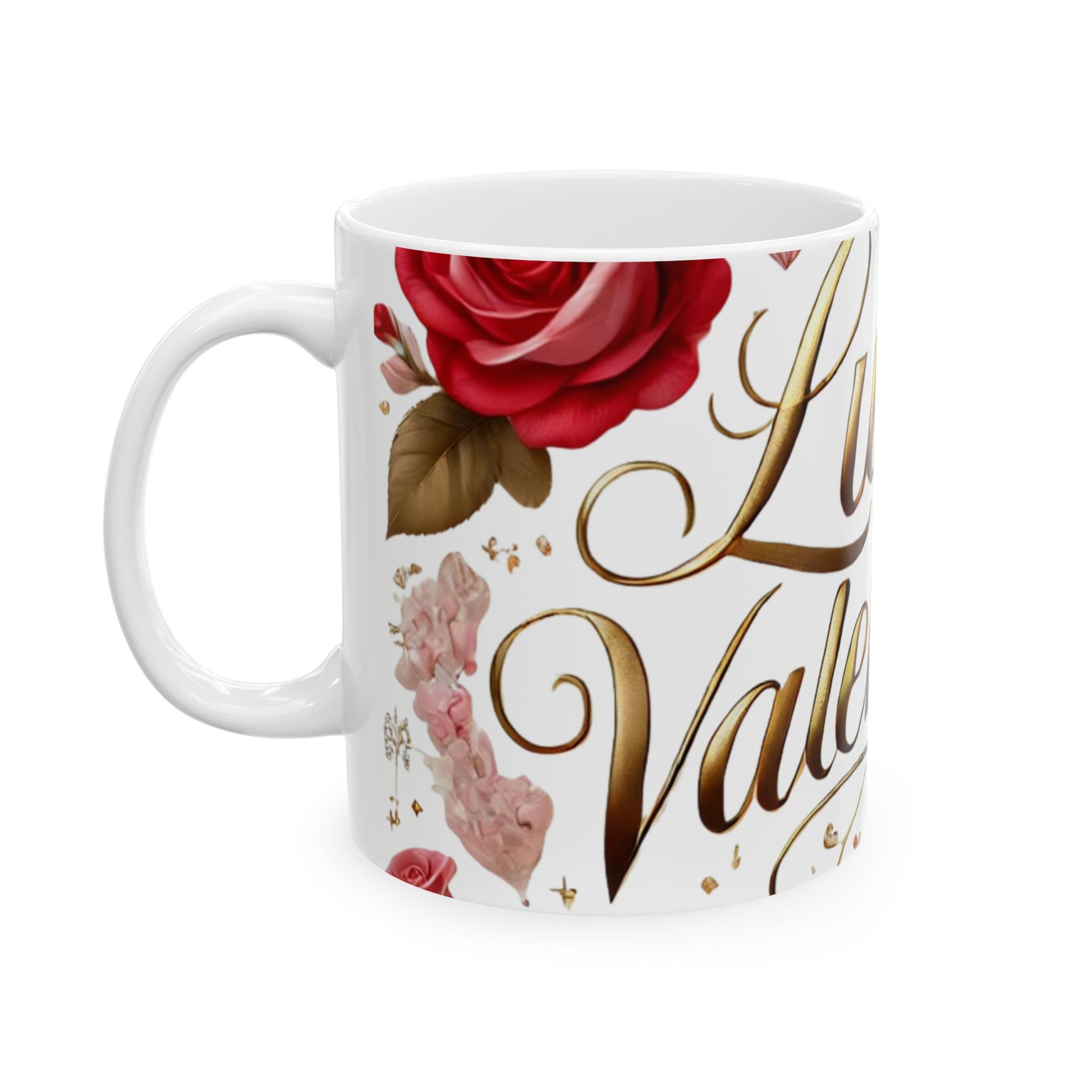 Mug with floral design and 'Happy Valentine's Day' text on a white background