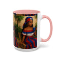 Mug with a design of a woman holding a cup on a white background