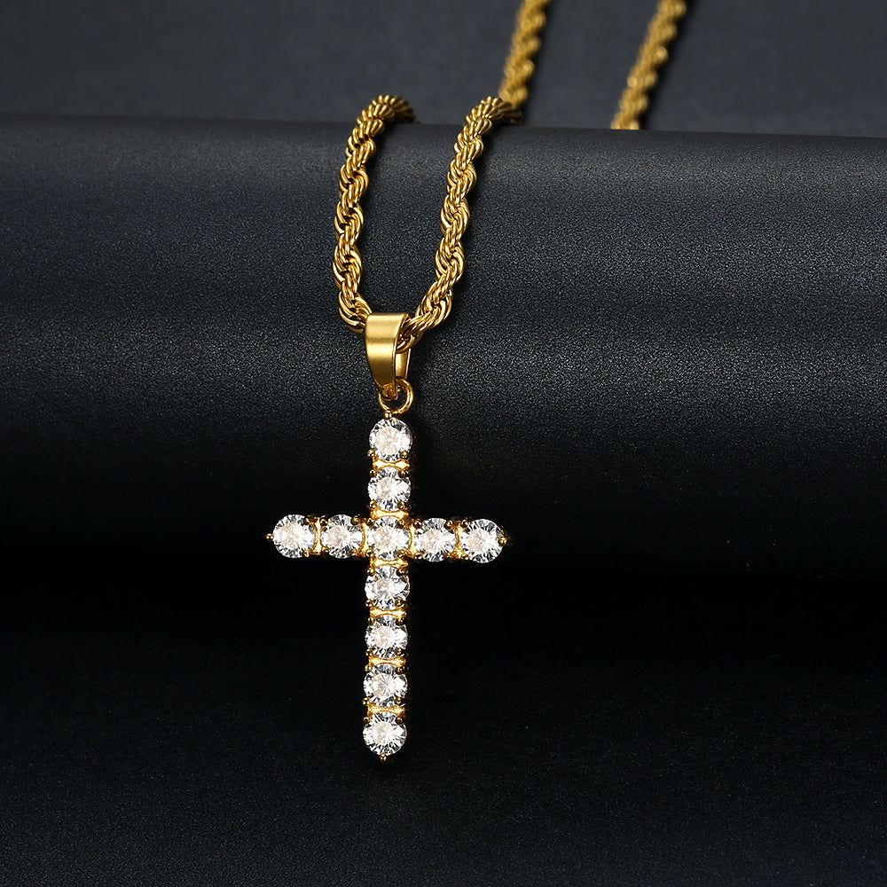 hip-hop cross titanium steel inlay artificial gemstones men's pendant necklace